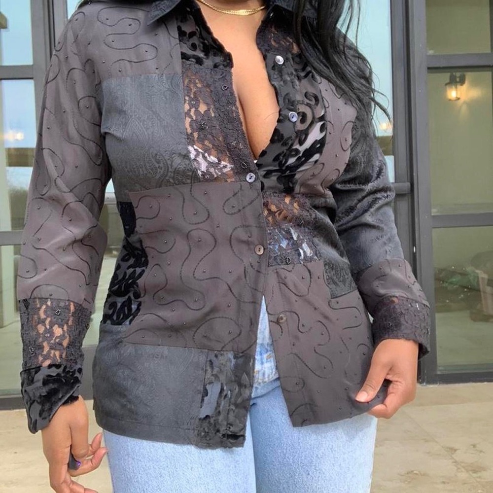 Vintage Black Lace Patch Work Blouse ( Size S)